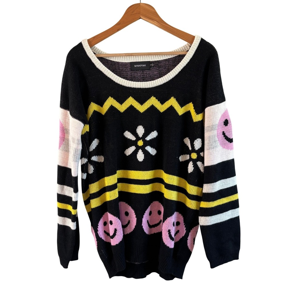 MINKPINK Smiley Face Daisy Sweater S Y2K Indie Grunge Festival Knit‎